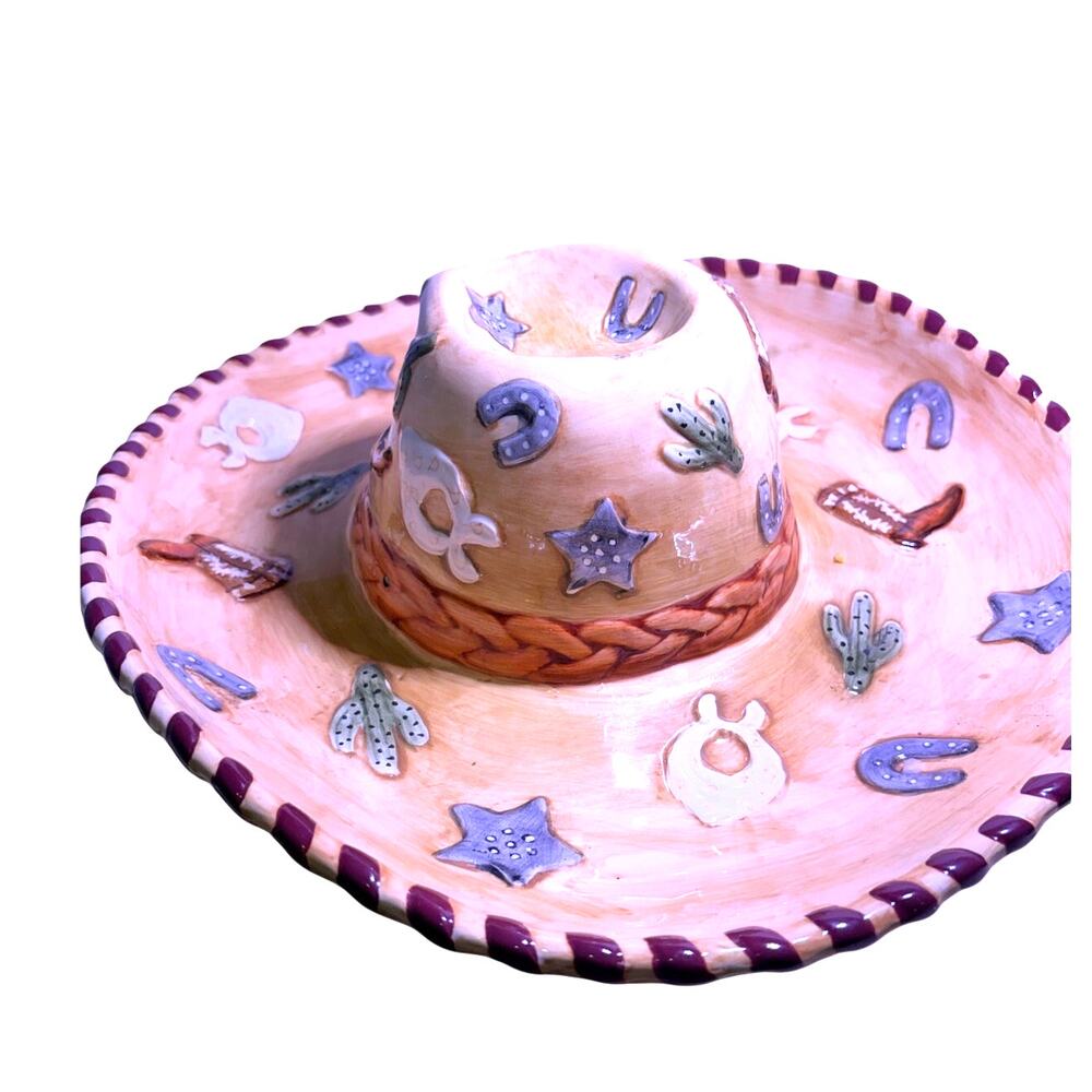 Vintage Cowboy Hat Ceramic Glazed Chip and Dip Bowl Platter Western Embellished